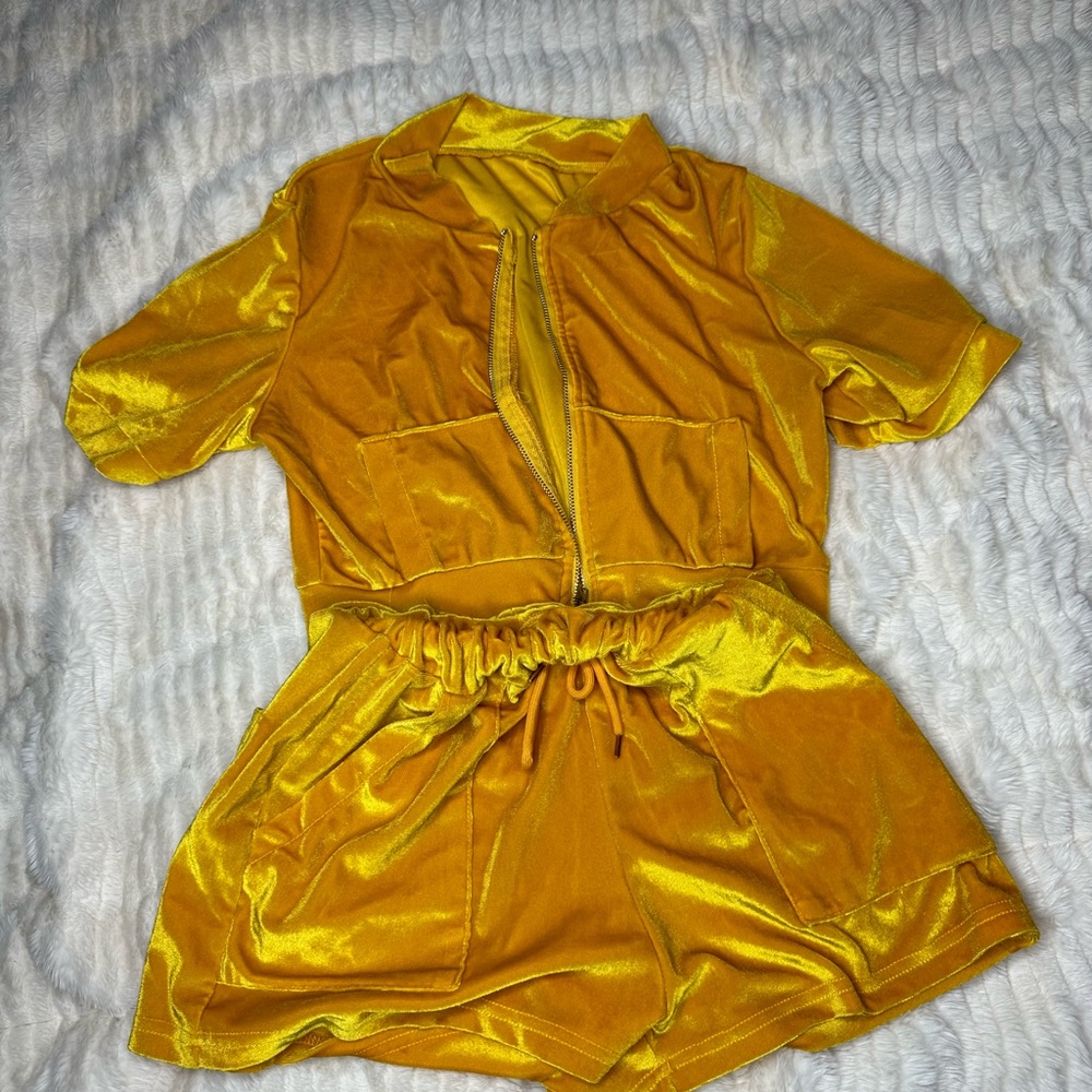 2 piece yellow velvet short set